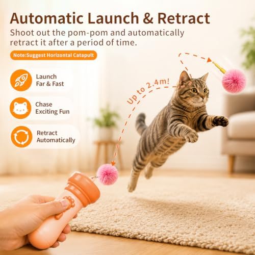 Kzoom Automatic Cat Teaser Launcher, Cat Balls Fetch Toy with Retractable Rope and Fuzzy Ball, Interactive Cat Toys for Indoor Cats, Enrichment Toy(Without Battery)