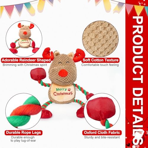 EXPAWLORER Christmas Dog Squeaky Toys - Interactive Reindeer Stuffed Plush Dog Toy with Squeakers Crinkle Paper, Chew Rope Toys for Puppy Small Medium Large Dogs