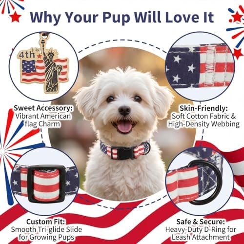Patriotic Dog Collar, Boy Dog Collar with American Flag Pattern, Adjustable American Flag Collar for 4th of July Occasion & Daily Walking, Fits Puppy and Small Breeds