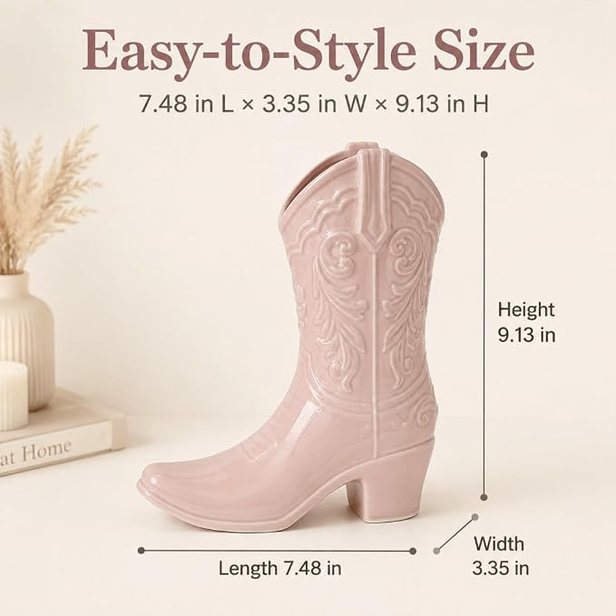 9.13 Inch Pink Ceramic Cowgirl Boot Vase, Unique Western Style Cowboy Boot Vase for Modern Country Home Decor, Wedding Table Centerpiece, Living Room, Bedroom, Office, Gift for Women