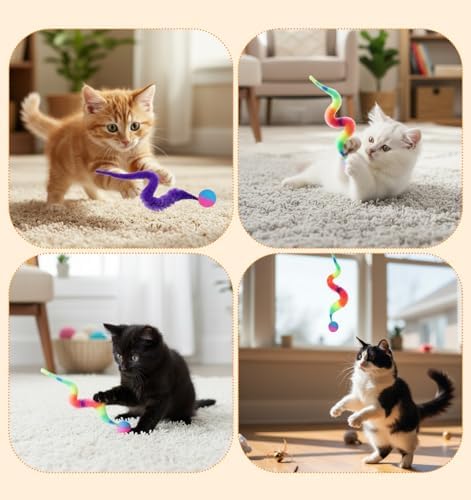 7pcs Worm Cat Toy,Nerf Cats Ball with Worm,Cat Toy Fuzzy Worms with Ball, Durable Cats Balls Toys with Soft Rope Tail,Interactive Colorful Fuzzy Balls for Pet Party Favors,Rainbow Colors