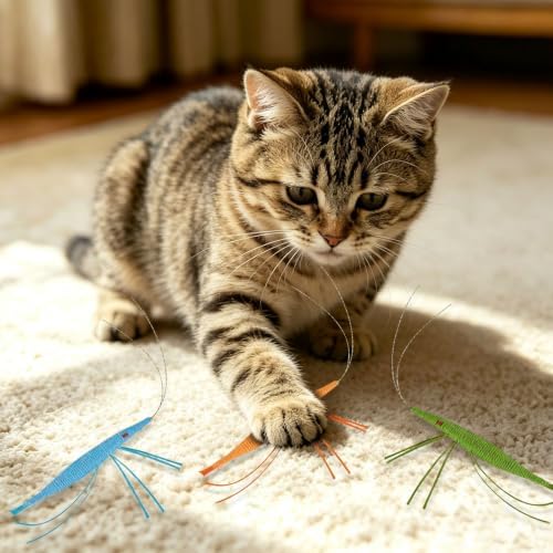 Andiker 3 PCS Bright Colors Catnip Toys, 12 CM Yarn Handmade Shrimp Cat Chew Toy with Gentle Sound Bell, Interactive Cat Toys for Indoor Cats Chewing Playing