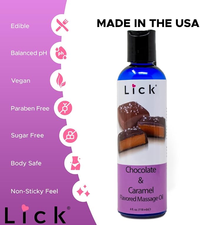Lick Chocolate and Caramel Massage Oil – Decadent Dessert-Inspired Edible Massage Oil with Almond Oil & Vitamin E, Smooth Glide for Couples Massage, 4 oz