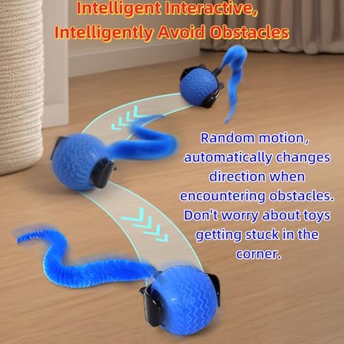 GoldenLife Interactive Cat Toys for Indoor Cats, Hamster Ball with Speedy Tail 2.0, Safe Silicone，3 Modes (Speed/Light) & Type-C Charging, Durable Moving Dog Toy for Indoor Cats/Dogs (Blue)