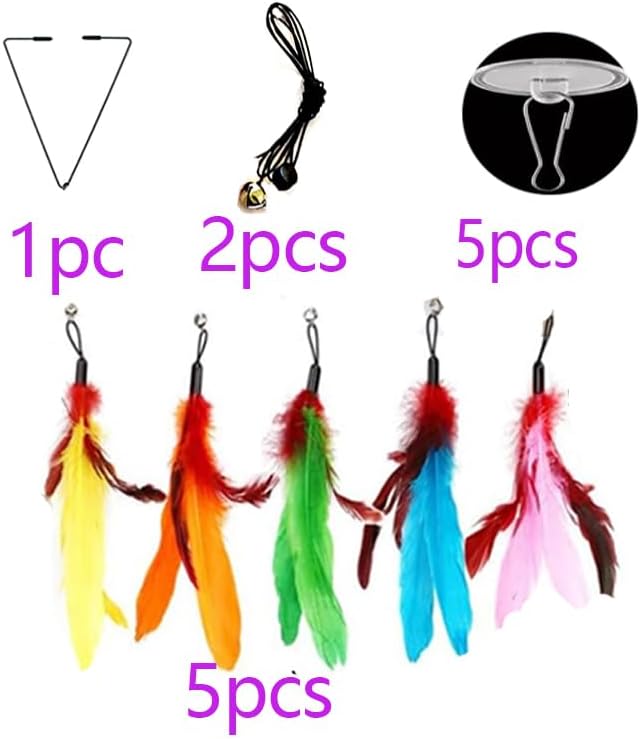Door Hanging Cat Toys with Suction Cups, Interactive Hanging Feather & Plush Cat Toy with Bell, Assorted Replaceable Refills for Indoor Kitten Hunting Exercise & Boredom Relief (Feather)