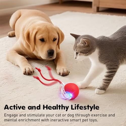 Interactive Cat Toy Ball - Speedy Motion Activated Rolling Toy for Indoor Cats, Smart Automatic Moving Stimulation to Keep Them Busy, Fun Cat Toys for Bored Adult Cats & Dogs（Red）