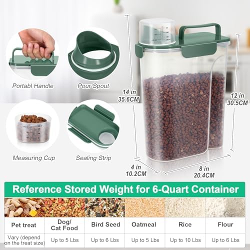 TBMax 5 Lbs Travel Dog Food Storage Container with Collapsible Dog Bowl, Airtight Pet Food Storage Dispenser with Large Spout & Measuring Cup for Kibble Dog Treat Bird Seed Container -Dark Green