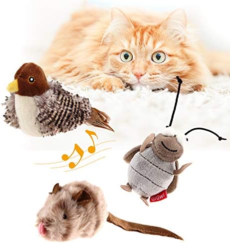 Gigwi Interactive Toy Set for Indoor Cats - 3PCS Plush Pack Including Squeaky Feather, Mouse Hunt, Chase Bird, and Chirping Cricket Toys