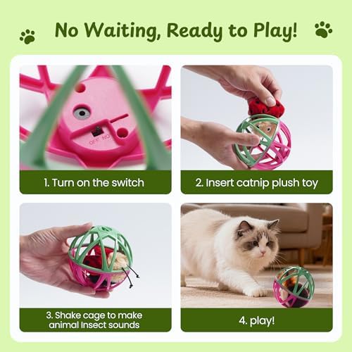 Cat Toys for Indoor Cats - Interactive Ball Cage Cat Toy with Realistic Insect Sounds & 2 Catnip Plush Toys, Motion-Activated Hunting Simulation Toy for Cats