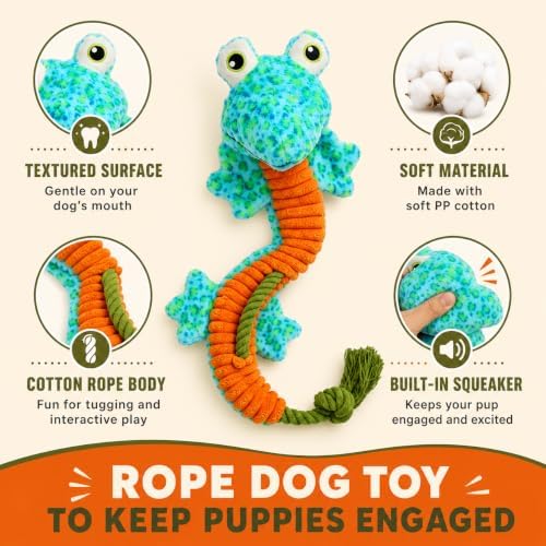 Dog Toys Squeaky Plush No Stuffing, Stuffless Crinkle Dog Toy with Rope Tug Pull Design, Durable Chew Toy for Puppies Small Medium Large Dogs, Fun Interactive Pet Toy