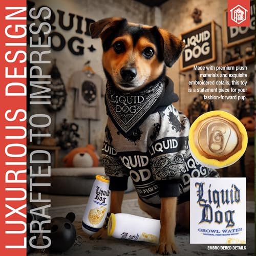 Liquid Dog Growl Water – Luxurious Parody Plush Dog Toy with Squeaker, Premium Fabric, Embroidered Details, Designer-Inspired Chew Toy, Fun Gift for Medium Dogs & Dog Lovers