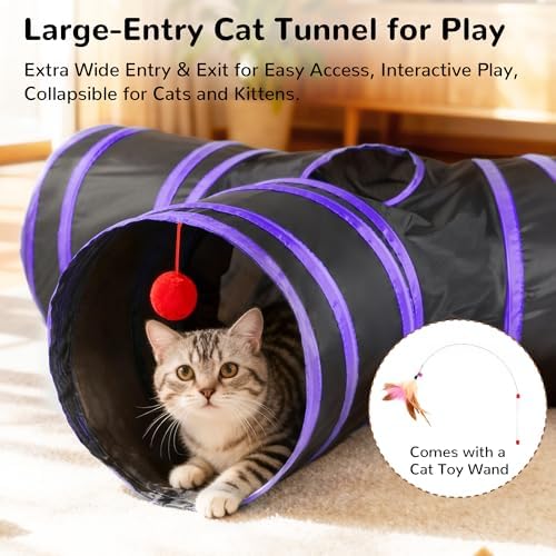 Tempcore Cat Tunnel, 3-Way Collapsible Toy for Indoor Cats, Black & Purple