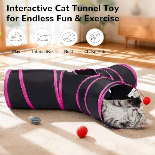 Tempcore Cat Tunnel, 3-Way Collapsible Toy, Large Size Black & Rose Red