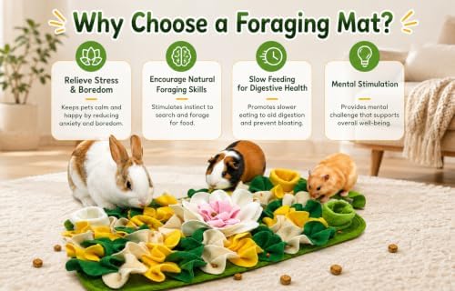 Rabbit Busy Snuffle Mat,Hamsters Foraging Mat for Small Animals Bunny Puzzle Toys Pets Interactive Feeding Mat for Guinea Pigs Hedgehog Chinchilla Puppies (White)