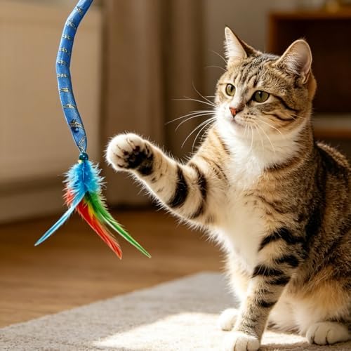 IUHKBH Cat Wands, 3 PCS Soft Line Tube Teaser Wands Colorful Feather Wands with Bell Interactive Cat Toys