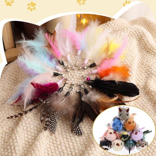 Leitee 30 Pcs Cat Feather Toy Refills, Wand Replacements Bird Insect Mice