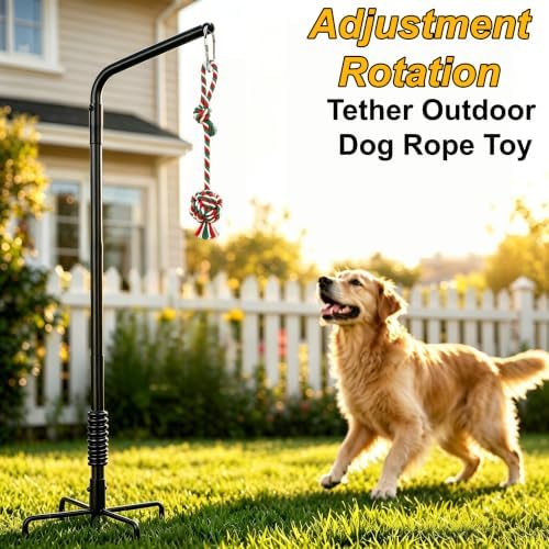 Adjustment Rotation Tether Outdoor Dog Rope Toy, Dog Rope Play Spring Rack with 3 Interactive Tug of War Toys, Self-Play & Exercise Toy for Large, Medium, Small Dogs, Heavy Duty for Yard Park Lawn