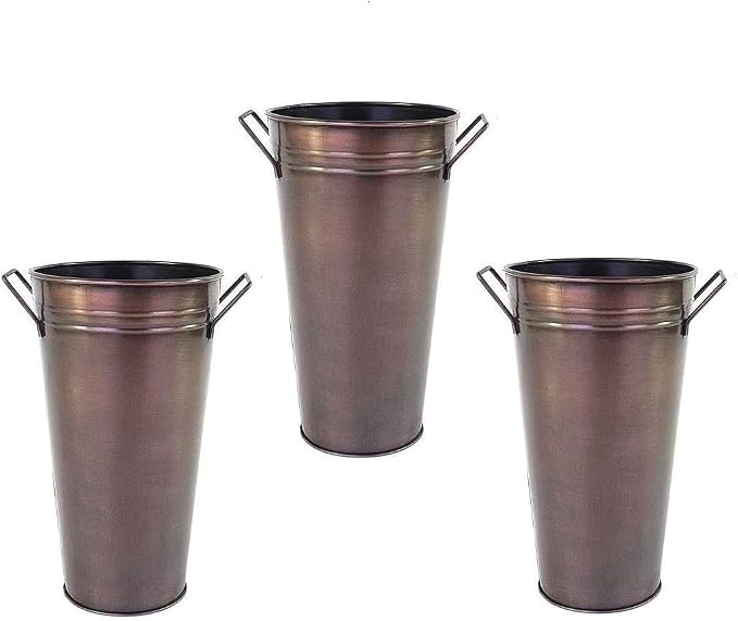 Hosley Set of 3 Antique Bronze Galvanized Floral Vases French Buckets 5" Dia x 9" H with Handles Vintage-Inspired Rustic Elegance for Floral Arrangements Home, Events, and Weddings