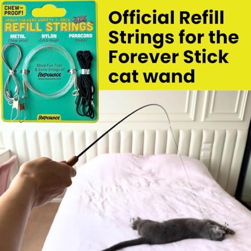 Cat Toy String Replacement 3-Pack - Chew Proof Metal Wire, Cat Wand String Replacement Variety Pack, Official Cat Toy Refill Strings for Forever Stick Cat Toy Wand, Transparent Fishing Line Nylon Cord