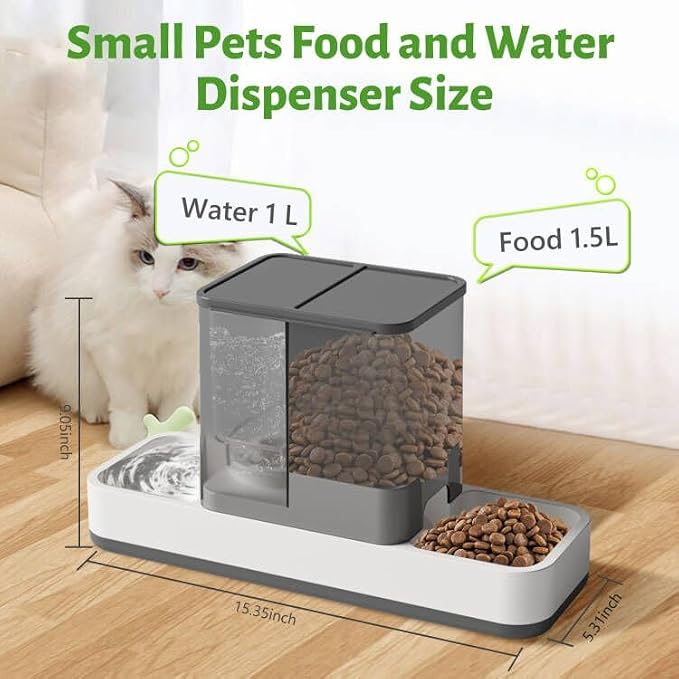 Yummy Sam Automatic Small Pet Feeder and Water Dispenser, Grey | 2 in 1 Gravity Cat Auto 1.5L Pet Feeder and 1L Waterer Set, Feeder Dish for Small Medium Pets Dog Puppy Kitten