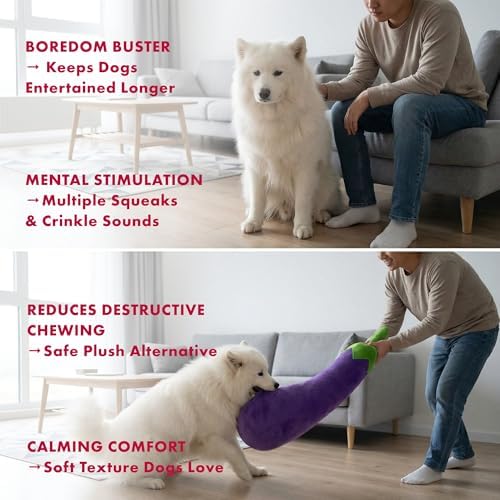 PetLou 29 Inch Fresh Food Eggplant Plush Dog Toy for Soft Chewers, Extra-Long Squeaky & Crinkle Dog Toy, Super Soft Stuffed Anti-Boredom Pet Plush Toy