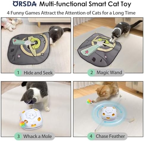 ORSDA 4 in 1 Interactive Cat Toys - Automatic Cat Toys for Indoor Cats & Kittens, 8 Holes Mice Whack-A-Mole, Hide and Seek Smart Motion with 5PCS DIY Replacement Refills