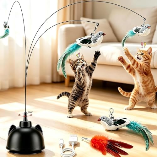 Interactive Cat Toys for Indoor Cats, Automatic 360° Spinning Cat Wand Toy, Strong Suction Cup Base, USB Rechargeable, Detachable Wand, 2 Feather Refills, 2 Speeds, 3 Modes for Cats of All Ages