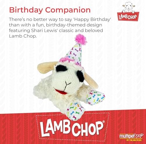 Multipet Lamb Chop Dog Plush Toy w/Birthday Hat - Squeaky Toy for All Dogs - Soft Plush - Stuffed Animal Dog Toys for Playing - Cute Birthday Toy (10.5”, Pink Hat, 5 Squeakers)