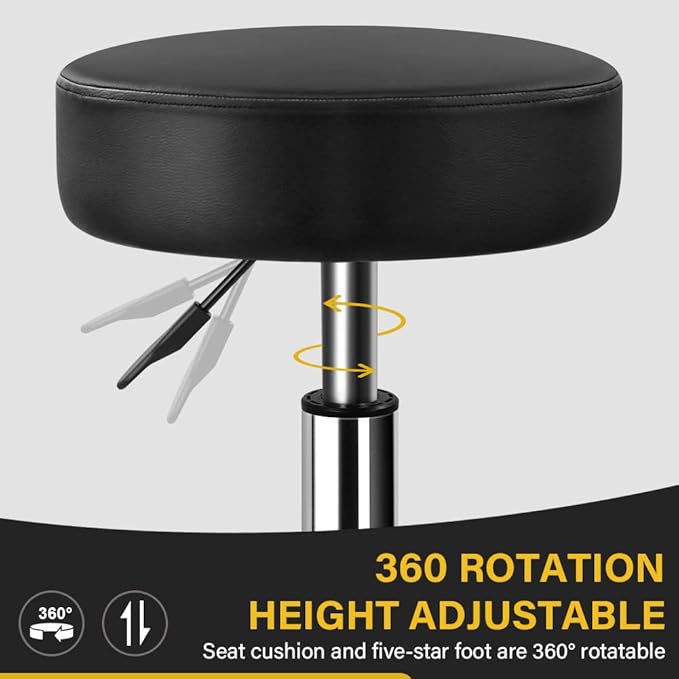 Heavy Duty Rolling Stool with Wheels 360 Swivel Adjustable Rolling Stool Hydraulic Lift Thick Leather Seat Ergonomic Chair for Kitchen Drafting Lab Office Salon Massage Black