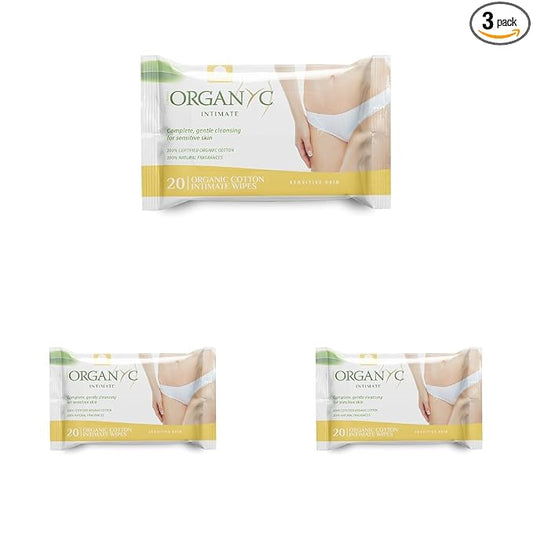 Organyc - 100% Organic Cotton Intimate Wet Wipes, No Parabens, Alcohol, or Chlorine -, White, 20 Count (Pack of 3) (ORGWW1A)