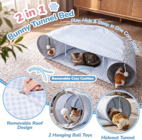Bunny Tunnel Bed, 2-in-1 Collapsible Rabbit Guinea Pig Hideout, Blue