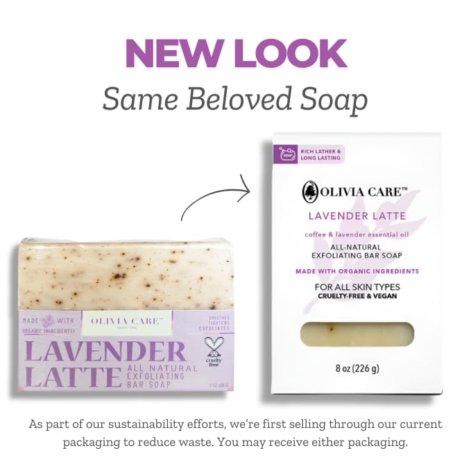 Olivia Care Exfoliating Bar Soap, Coffee Beans, 100% Natural, Organic Ingredients, Clean Energize Mind Body, Full of Vitamin & Antioxidants (Lavender Latte)
