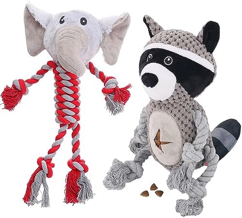 Elephant Rope Dog Toy, Plush Raccoon Squeaky Dog Toy, 2 Pack