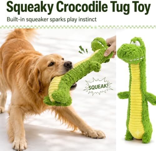 Squeaky Dog Plush Chew Toy, Interactive Tug Squeaky Toy for Chewers, Medium & Large Dogs & Fetch Play, 18.5 In Stuffed Long-Neck Crocodile Toy with Soft Plush Body for Gentle Gum Care & Boredom Relief