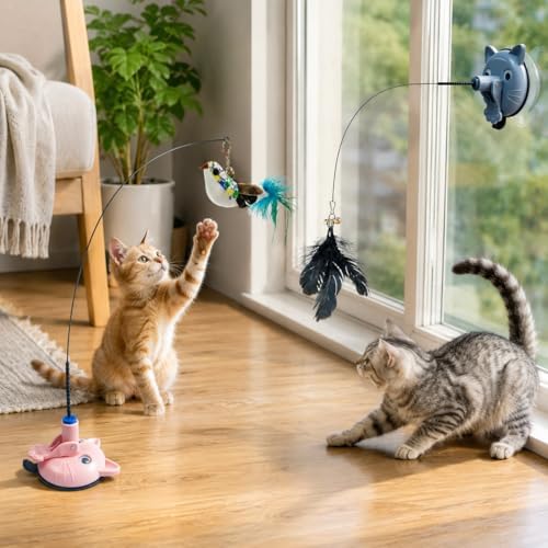 10PCS Interactive Cat Toy with 2 Suction Cups & Wand, 2 Ways to Play Indoor Cat Toys for Bored Cats, Feather Bird Teaser Toy with Flexible Rod, Kitten Exercise Toys with Fish Toy
