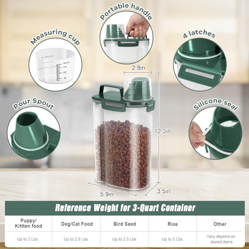 TBMax Small Dog Food Storage Container 3 Qt with Cat Food Can Cover and Mixing Spoon, Portable Travel Pet Food Dispenser with Large Spout and Cup -Bottle Green