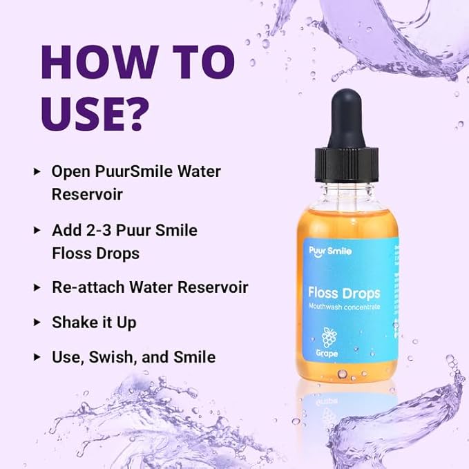 Puur Smile Concentrated Floss Drop Serum – 2oz Concentrated Mouth Wash to Use in Water Flosser | Natural Essentials Promotes Good Breath | Organic Drop Provides Good Oral Health (Grape Flavor)