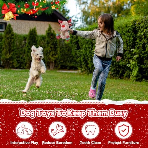 loncoldy Christmas Dog Toys, Funny Squeaky Reindeer Toy with Crinkle Paper Attract Pets, Interactive Plush Chew Toys, Adorable Christmas Elk Dog Gifts for Small Medium Large Dogs