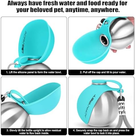 Portable Dog Water Bottle 10oz Stainless Steel Travel Dog Water Dispenser with Bowl No-Spill Puppy Water Bottle for Walking Hiking Small Dog Water Bottle