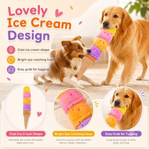 Squeaky Dog Plush Chew Toy, Interactive Tug Squeaky Toy for Chewers, Medium & Large Dogs & Fetch Play, 17.7 in Stuffed Rainbow Ice Cream Toy with Soft Short Plush for Gentle Gum Care & Boredom Relief