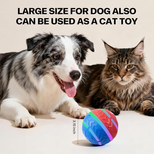 Pet Prime Interactive Dog Ball Toy Automatic Active Rolling Ball for Dogs Motion Activated with LED Light Rechargeable Self Moving Toy for Small Medium Large Dogs to Play Red/Blue