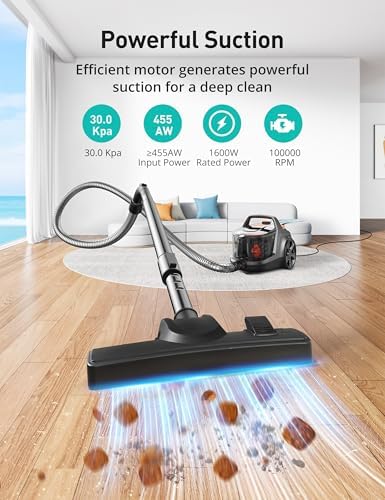Aspiron Canister Vacuum, Upgraded 1600W Bagless Canister Vacuum Cleaner | Auto Cord Rewind, H13 HEPA Filter, 4Qt Large Capacity, 5 Tools for Hard Floors, Carpet, Pet, Upholstery, Tiles, Honey