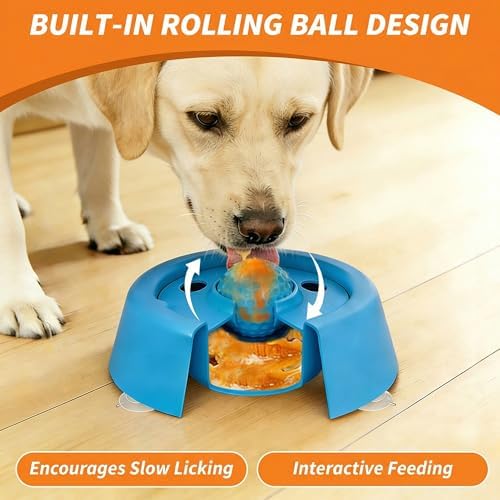 Slow Feeder Dog Bowl with Suction Cup Base, Rolling Ball Lick Enrichment Toy for Liquid Treats and Bone Broth, Interactive Feeding Dish for Small Medium Large Dogs
