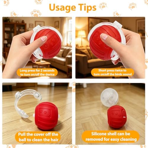Interactive Cat Toys Ball for Indoor Cats, Automatic Self-Rolling, Motion-Activated, Bird Chirping Cats Dogs Ball Toy with Elastic Mesh Tail, Cat Enrichment Toys for Indoor Cats (Red)