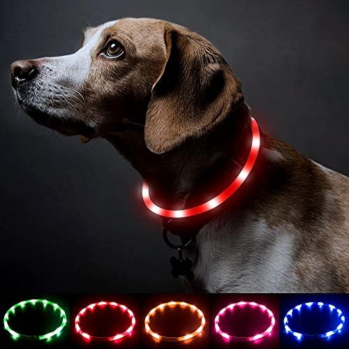 BSEEN Light Up Dog Collar, Silicone LED Dog Collar Rechargeable Cat Collar Cuttable Glowing Puppy Necklace Safety Dog Lights for Night Walking (Red)