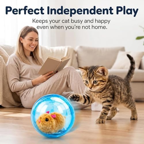 Self-Rolling Interactive Cat Ball Automatic Interactive Cat Toys for Indoor Cats 360° Rolling Smart Cat Chase Balls Toy Motion Activated Cat Enrichment Toys to Keep Them Busy (Pink Ball+Brown Mouse)