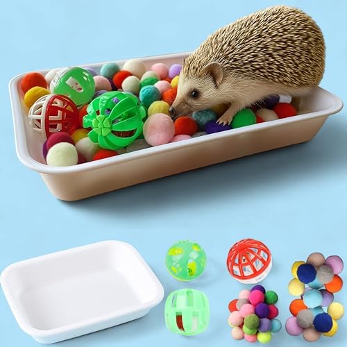 Dig-Box Tray For Hedgehog Cage With Ball Toy, Funny Dig-Box Tray Toys for Hedgehogs, Ball Bell Toy for Hamster Ferret Kitten Cat, Hedgehog Accessories, Small Animal Accessories (White, 8.4*5.9*1.6in)