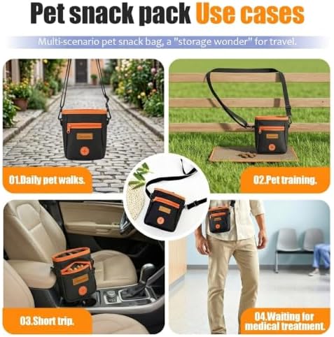 Dog Treat Pouch for Training and Walking, Water-Resistant Puppy Snack Bag with Poop Bag Dispenser, Adjustable Shoulder Strap and Waist Clip, Large Capacity Treat Holder, Black & Orange