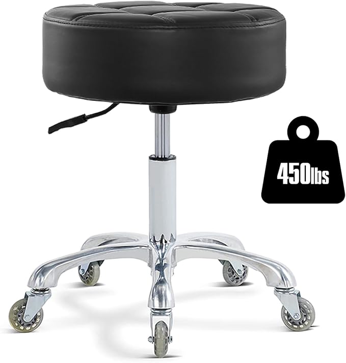 Rolling Stool with Wheels Adjustable Height, Roller Stool for Massage Medical Tattoo Spa Heavy Duty Swivel Desk (Super Thick Cushion, Black)