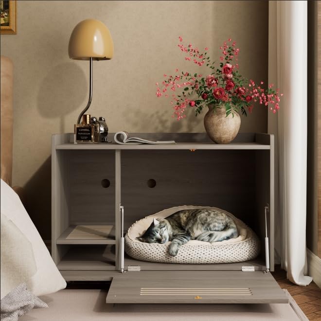 Montary Multi-Use Cat Litter Box Enclosure with Storage, Hidden Litter Box Furniture & Cat Washroom Cabinet,Wooden Pet House Side Table with Wheels, Gray